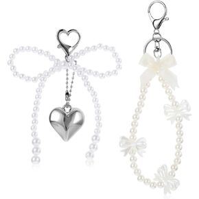 2 Pcs Bow Pearl Keychains for Women Silver Heart Pendant Cute Keychains for Car Keys Bow Charms Key Chains Bowknot Key Ring Girl Key Rings