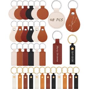 48 Pcs PU Leather Keychains Blank Bulk Laser Engraving Blanks Keychain Kit with Key Rings for DIY Key Chains Craft Multicolors Various Shapes Leather Keyrings Gift for Christmas Birthday