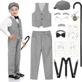 SOMSOC 10 Pieces 100 Days of School Boys Old Man Costume Set Kids Grandpa Vest Hat Costume for School Cosplay Party