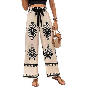 MakeMeChic Women's Paperbag Waist Tie Front Boho Pants Graphic Print Wide Leg Trousers in Saudi Arabia