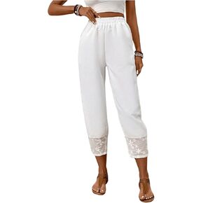 MakeMeChic Women's Floral Mesh Patchwork Tapered Pants Elastic Waist Cropped Pants Trousers