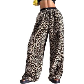 WDIRARA Women's Leopard Print Drawstring Waist Loose Fit Wide Leg Pants with Pockets