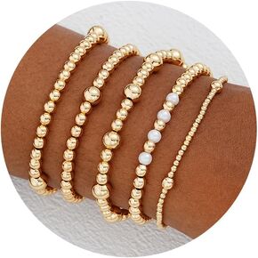 17 MILE 7 Pcs Gold Bead Bracelet for Women, 14K Gold Plated Beaded Bracelet Stack, Stretch Ball Elastic Bracelet Set 7 Inches