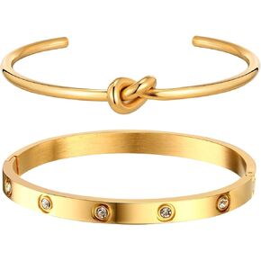 Womens Stackable Gold Bracelets Jewelry - 18K Gold Plated Bangle Bracelets,Bangle Bracelets Non Tarnish, Gold Cubic Zirconia Tennis Bracelet Set Gift,Christmas Valentines Birthday Gifts for Girlfriend