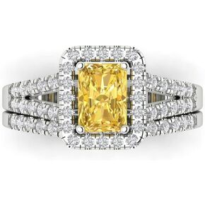 Clara Pucci 1.60ct Emerald Round cut Custom Engraving Pave Halo Natural Citrine Engagement Ring Band Wedding Bridal Set 14k White Gold 10