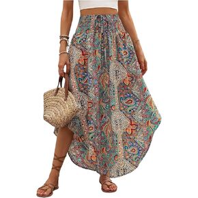 MakeMeChic Women's Boho Paisley Print Ruffle Swing Skirt Shirred High Waisted Long Flared Skirt