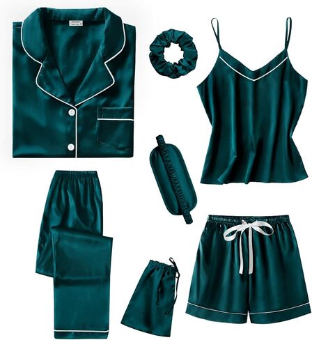 SWOMOG Womens 4pcs Pajamas Sets Short Sleeve Camisole with Button Down Shirt Pjs Silk Satin Sleepwear Loungewear in Kuwait