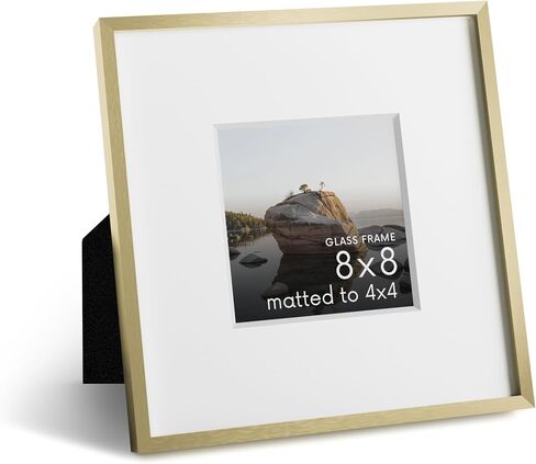 HAUS AND HUES 8x8 Picture Frame with Real Glass & Gold Premium-Grade Metal Matted to 4x4 - Aluminum 8x8 Frame - Includes Easel Back, Hanging Kit - Ideal for Home, Office (8x8 in, Gold) in Saudi Arabia
