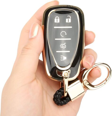 متوافق مع غطاء Chevy Key Fob، سلاسل المفاتيح الذهبية، لسيارة شيفروليه إكوينوكس ماليبو كروز تاهو كامارو ترافيرس بليزر فولت ملحقات بولت، 5 أزرار (أسود) in Kuwait
