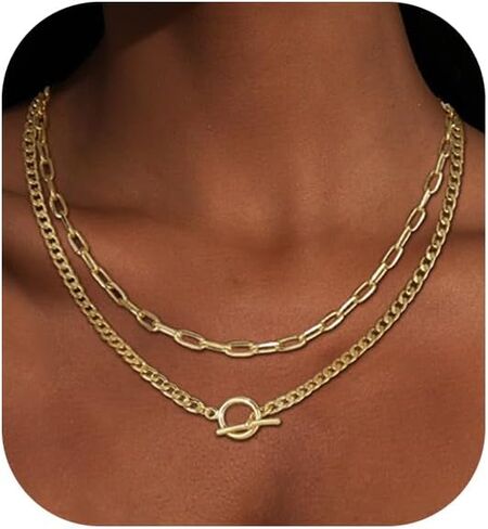 قلادة ذهبية مكتنزة للنساء، 14 قيراط مطلية بالذهب الكوبي وصلة مشبك ورق سلسلة قلادة سحر الطبقات القلائد للنساء العصرية بيان متعرجة قلادة قلادة للنساء مجوهرات الذهب السميك in Kuwait