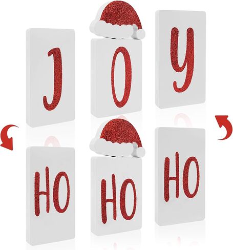 Joy Hohoho Christmas Signs Table Decorations Indoor, 2 in 1 Xmas Santa Hat Tiered Tray Decor Set of 4, Glitter Wood X-mas Sign Tabletop Decoration for Party Home Shelf Door Display (Santa Hat) in Saudi Arabia
