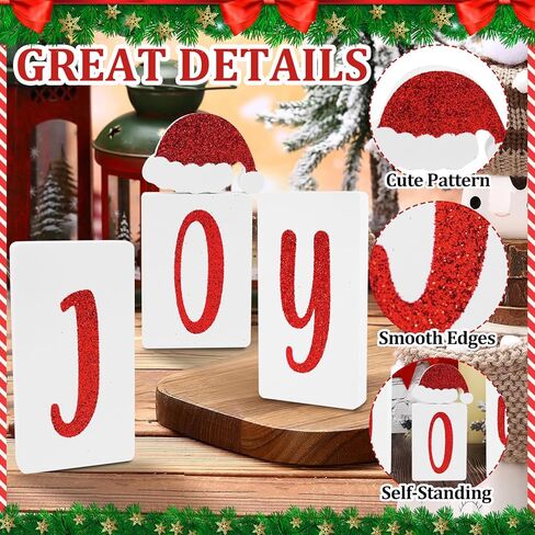 Joy Hohoho Christmas Signs Table Decorations Indoor, 2 in 1 Xmas Santa Hat Tiered Tray Decor Set of 4, Glitter Wood X-mas Sign Tabletop Decoration for Party Home Shelf Door Display (Santa Hat) in Saudi Arabia