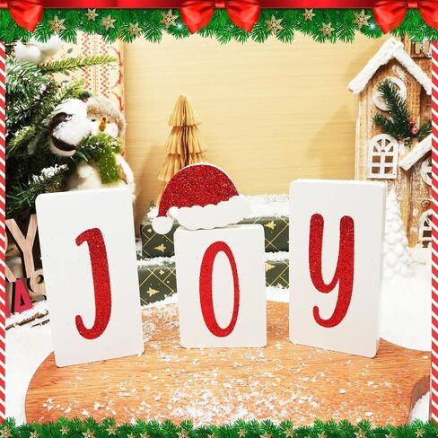 Joy Hohoho Christmas Signs Table Decorations Indoor, 2 in 1 Xmas Santa Hat Tiered Tray Decor Set of 4, Glitter Wood X-mas Sign Tabletop Decoration for Party Home Shelf Door Display (Santa Hat) in Saudi Arabia