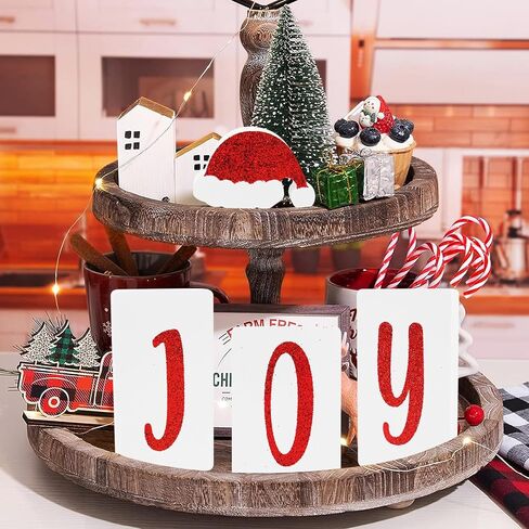 Joy Hohoho Christmas Signs Table Decorations Indoor, 2 in 1 Xmas Santa Hat Tiered Tray Decor Set of 4, Glitter Wood X-mas Sign Tabletop Decoration for Party Home Shelf Door Display (Santa Hat) in Saudi Arabia