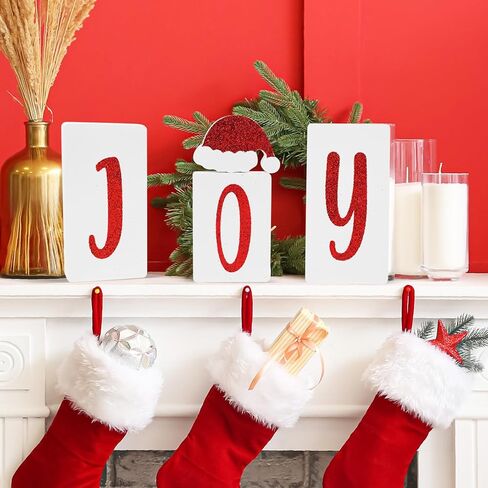 Joy Hohoho Christmas Signs Table Decorations Indoor, 2 in 1 Xmas Santa Hat Tiered Tray Decor Set of 4, Glitter Wood X-mas Sign Tabletop Decoration for Party Home Shelf Door Display (Santa Hat) in Saudi Arabia