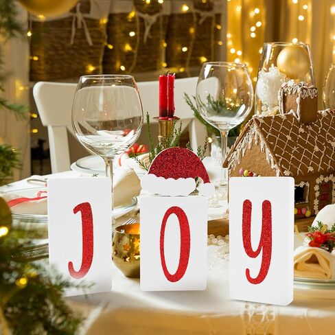 Joy Hohoho Christmas Signs Table Decorations Indoor, 2 in 1 Xmas Santa Hat Tiered Tray Decor Set of 4, Glitter Wood X-mas Sign Tabletop Decoration for Party Home Shelf Door Display (Santa Hat) in Saudi Arabia