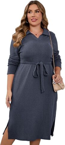 KOJOOIN Women Plus Size Sweater Dress Collar Long Sleeve Side Split Pullover Maxi Knit Sweater Dress with Belt in Saudi Arabia