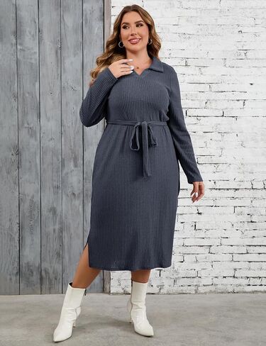 KOJOOIN Women Plus Size Sweater Dress Collar Long Sleeve Side Split Pullover Maxi Knit Sweater Dress with Belt in Saudi Arabia