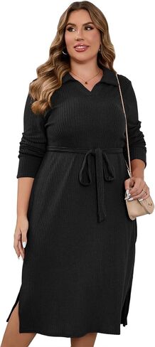 KOJOOIN Women Plus Size Sweater Dress Collar Long Sleeve Side Split Pullover Maxi Knit Sweater Dress with Belt in Saudi Arabia