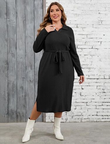 KOJOOIN Women Plus Size Sweater Dress Collar Long Sleeve Side Split Pullover Maxi Knit Sweater Dress with Belt in Saudi Arabia