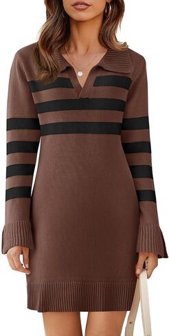 Saodimallsu Womens Striped Sweater Dress V Neck Collared Long Sleeve Slim Fit Ribbed Knit Trendy Mini Dresses in Saudi Arabia