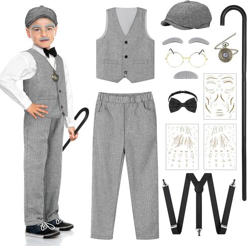 SOMSOC 10 Pieces 100 Days of School Boys Old Man Costume Set Kids Grandpa Vest Hat Costume for School Cosplay Party in Saudi Arabia