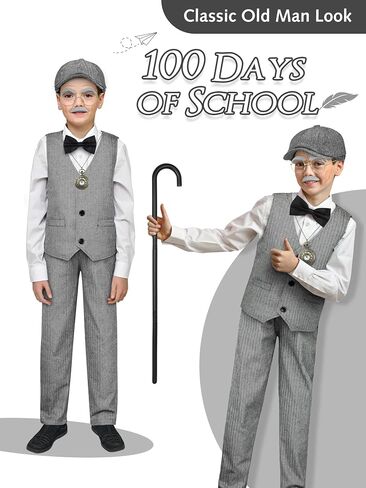 SOMSOC 10 Pieces 100 Days of School Boys Old Man Costume Set Kids Grandpa Vest Hat Costume for School Cosplay Party in Saudi Arabia