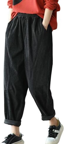 chouyatou Womens Fall Winter Loose Corduroy Pants Elastic High Waisted Straight Leg Trouser with Pockets in Saudi Arabia