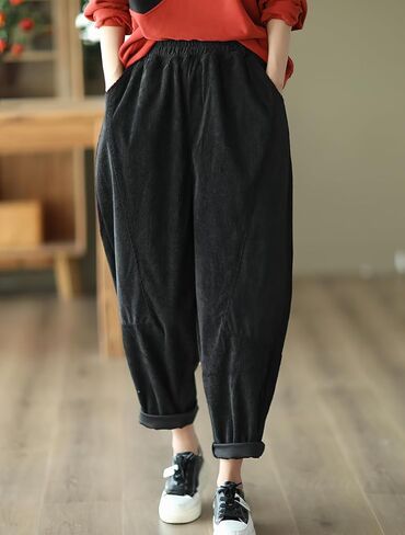 chouyatou Womens Fall Winter Loose Corduroy Pants Elastic High Waisted Straight Leg Trouser with Pockets in Saudi Arabia