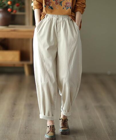 chouyatou Womens Fall Winter Loose Corduroy Pants Elastic High Waisted Straight Leg Trouser with Pockets in Saudi Arabia