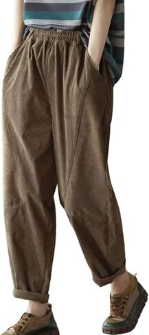 chouyatou Womens Fall Winter Loose Corduroy Pants Elastic High Waisted Straight Leg Trouser with Pockets in Saudi Arabia