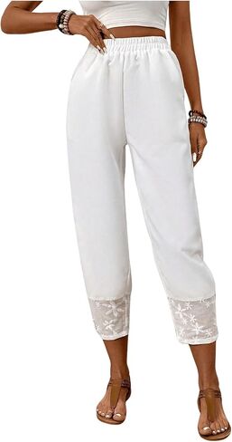 MakeMeChic Women's Floral Mesh Patchwork Tapered Pants Elastic Waist Cropped Pants Trousers in Saudi Arabia