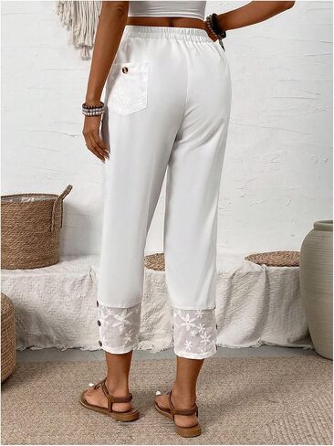 MakeMeChic Women's Floral Mesh Patchwork Tapered Pants Elastic Waist Cropped Pants Trousers in Saudi Arabia