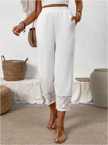 MakeMeChic Women's Floral Mesh Patchwork Tapered Pants Elastic Waist Cropped Pants Trousers in Saudi Arabia