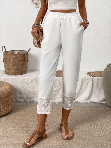 MakeMeChic Women's Floral Mesh Patchwork Tapered Pants Elastic Waist Cropped Pants Trousers in Saudi Arabia