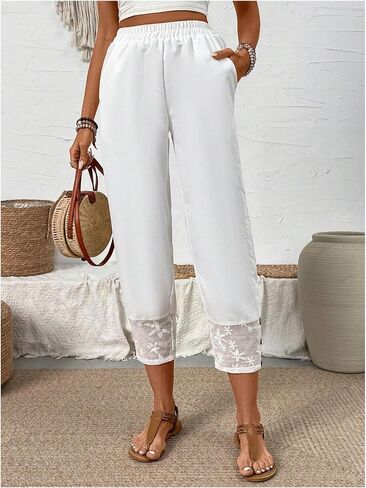 MakeMeChic Women's Floral Mesh Patchwork Tapered Pants Elastic Waist Cropped Pants Trousers in Saudi Arabia