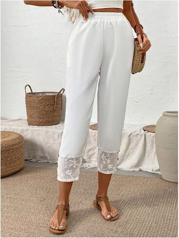 MakeMeChic Women's Floral Mesh Patchwork Tapered Pants Elastic Waist Cropped Pants Trousers in Saudi Arabia