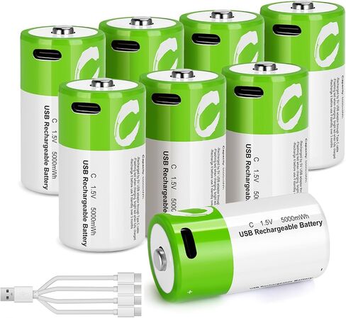 C Batteries Rechargeable with USB 4 in 1 Cable 8 Pack C Size Cell Lithium Batteries LR141.5V Li-ion Power for Long-Lasting Use in Floodlights in Kuwait