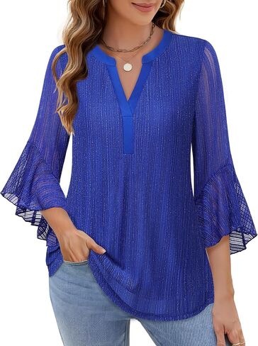 Lotusmile Women's 3/4 Sleeve Dressy Tops Elegant V Neck Blouse for Women Casual Work Evening Party in Saudi Arabia