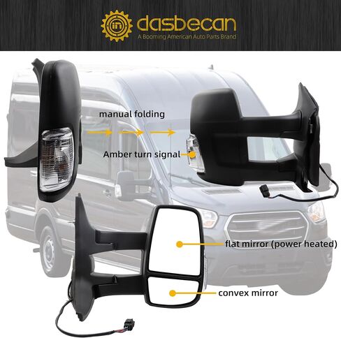 مرآة الجانب الأيمن للركاب من Dasbecan متوافقة مع 2015-فصاعدا Ford Transit 150 250 350 مرآة ساخنة للطاقة / ضوء إشارة كهرماني / مرآة قابلة للطي يدويًا / مرآة محدبة بذراع طويل in Saudi Arabia