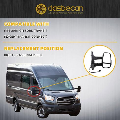 مرآة الجانب الأيمن للركاب من Dasbecan متوافقة مع 2015-فصاعدا Ford Transit 150 250 350 مرآة ساخنة للطاقة / ضوء إشارة كهرماني / مرآة قابلة للطي يدويًا / مرآة محدبة بذراع طويل in Saudi Arabia
