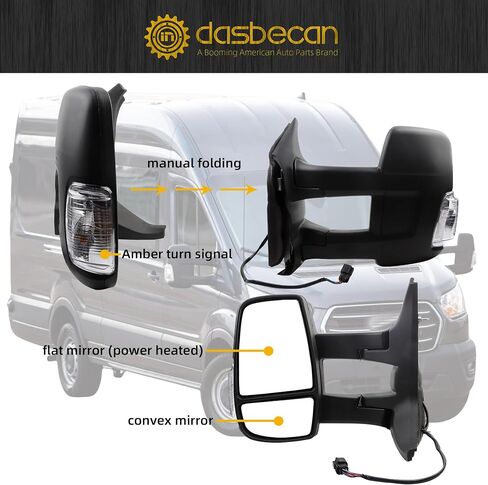 Dasbecan Passenger Right Side Mirror Compatible With 2015-Onward Ford Transit 150 250 350 Power Heated Mirror/Amber Signal Light/Manual Fold/Convex Mirror with Long Arm in Saudi Arabia