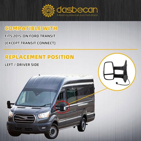 Dasbecan Passenger Right Side Mirror Compatible With 2015-Onward Ford Transit 150 250 350 Power Heated Mirror/Amber Signal Light/Manual Fold/Convex Mirror with Long Arm in Saudi Arabia