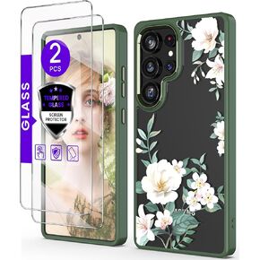 حافظة لهاتف سامسونج جالاكسي S24 الترا 5G مع واقي شاشة من الزجاج المقوى، [واقية من الدرجة العسكرية] مادة TPU الناعمة والكمبيوتر الصلب، حافظات للفتيات والنساء بنمط زهرة شفافة - أرجواني in Kuwait