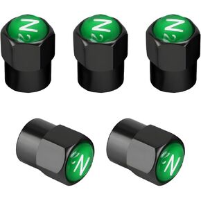 5 PCS Brass Tire Valve Stem Caps, Durable Chrome Plated Brass Tire Valve Stem Caps N2 Nitrogen Sign Logo on The Top, Metal Dustproof Tire Valve Covers with N2 Logo, Car Accessories (Black+Green)