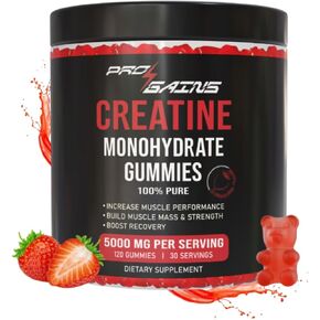 Creatine Monohydrate Gummies - 120 Gummies / 30 Servings | Strawberry Flavor | for Muscle Mass & Strength | 100% Pure - Zero Sugar