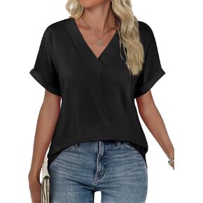 ANRABESS Womens Tops Short Sleeve V Neck T-Shirts Summer Loose Fit Dressy Business Casual Blouse Shirts 2025 Trendy Clothes