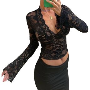Women's Sheer Lace Long Sleeve Top