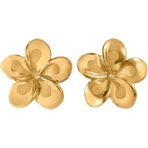 14K Solid Yellow Gold Hawaiian Plumeria Flower "Pua Melia" Stud Earrings, Nickel Free Hypoallergenic for Sensitive Skin, For Mom Women Daughter, Gift Box Included