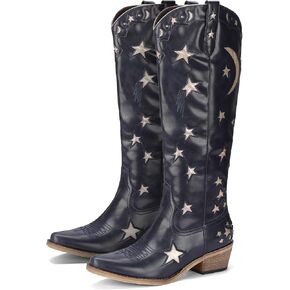 Mid Calf Cowgirl Boots with Stars Inlay Chunky Block Heels and Snip Toe Trend Shoes Stylish Embroidery Western Knee High Boots Cute Cowboy Boots For Ladies Casual Dressy Party
